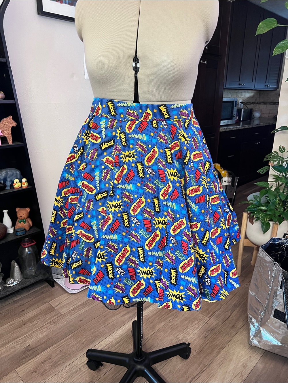 Blue Comic Print A-Line Skirt